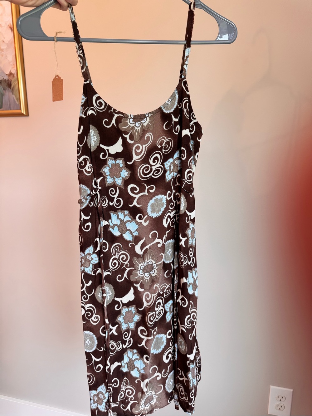 Brown Floral Slip Dress with Blue Accents
